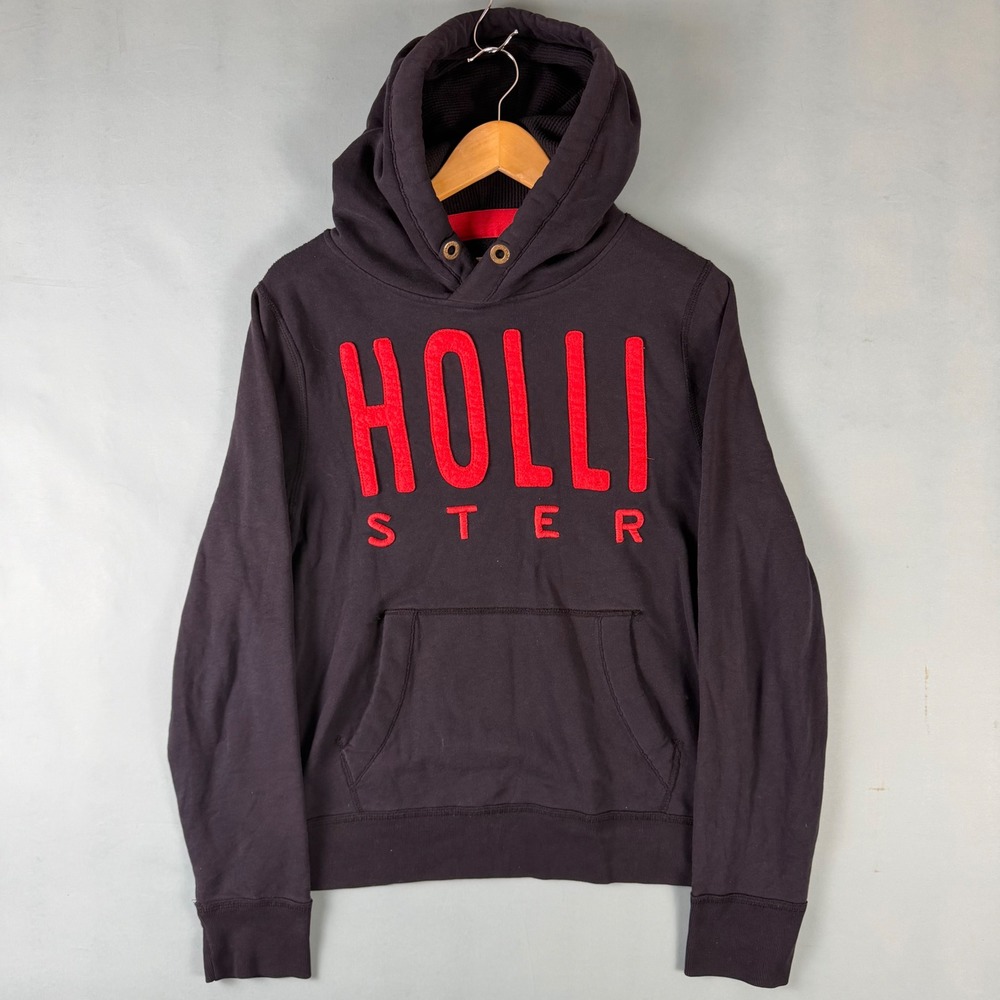 Y2K Hollister Men's M Navy Red Chenille Logo Pullover Hoodie Sweatshirt